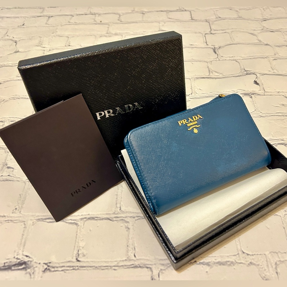 Blue Prada Saffiano Leather Two-Sided Wallet. Full Set: Box & Authenticity Cards